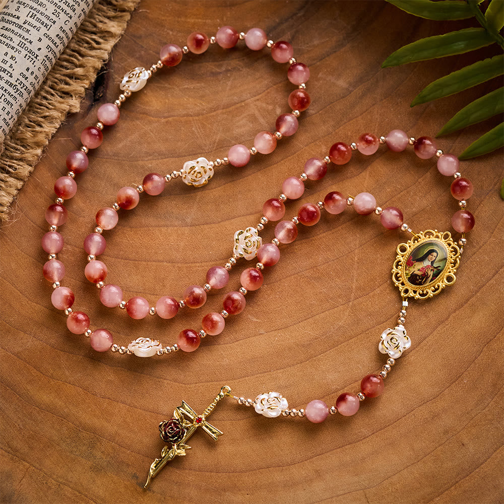 SolaceBeads St. Therese Rosary: Made with Pigeon-Blood Red Chalcedony with Floating Patterns Beads