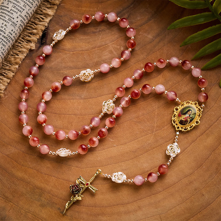 SolaceBeads St. Therese Rosary: Made with Pigeon-Blood Red Chalcedony with Floating Patterns Beads