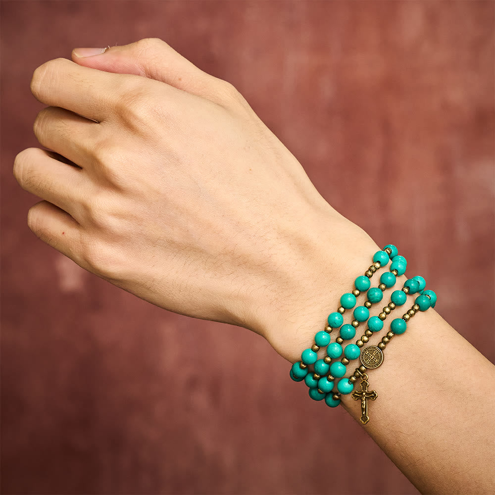 SolaceBeads Turquoise Wrap Bracelet with St. Benedict Medal & Crucifix: Wearable Devotion