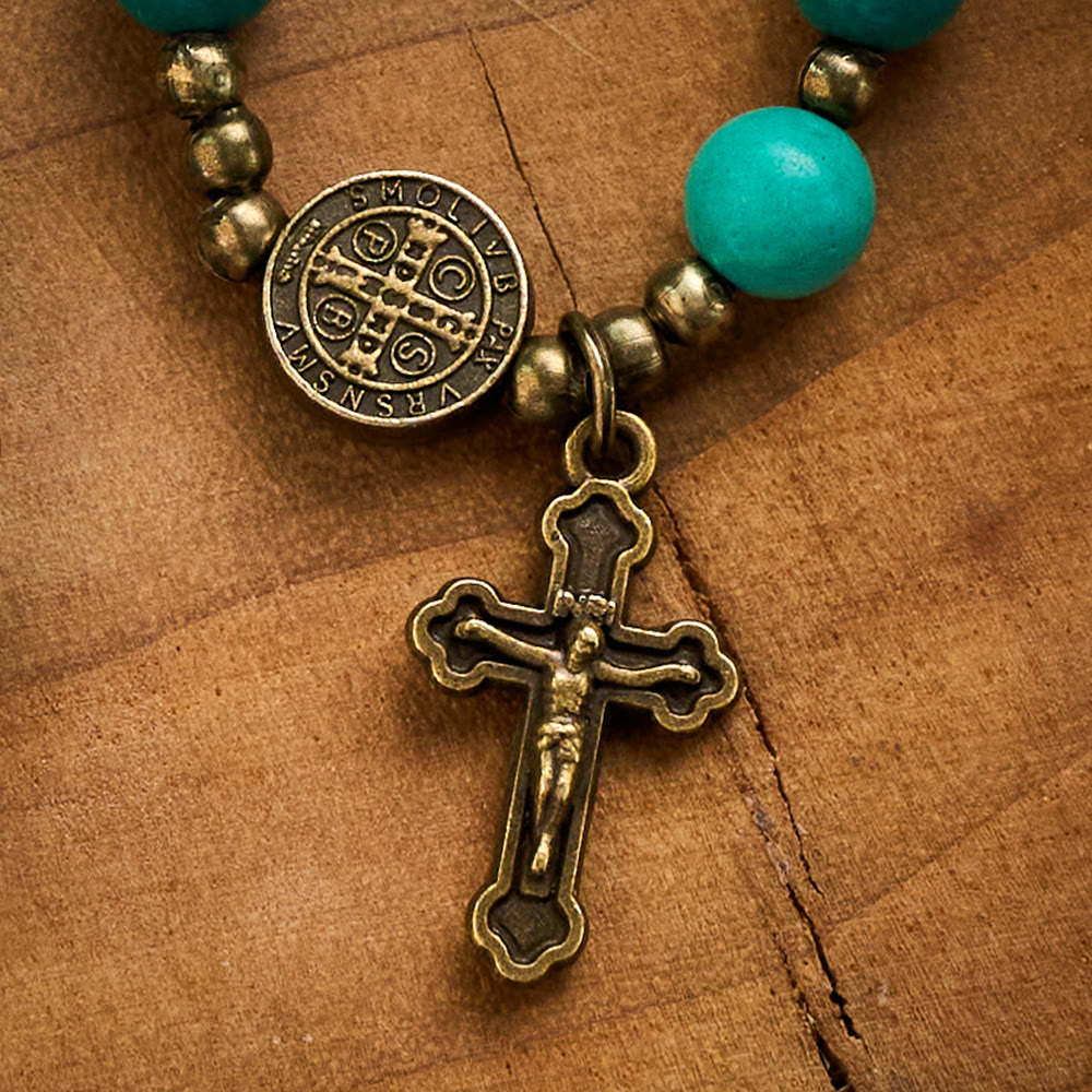 SolaceBeads Turquoise Wrap Bracelet with St. Benedict Medal &amp; Crucifix: Wearable Devotion