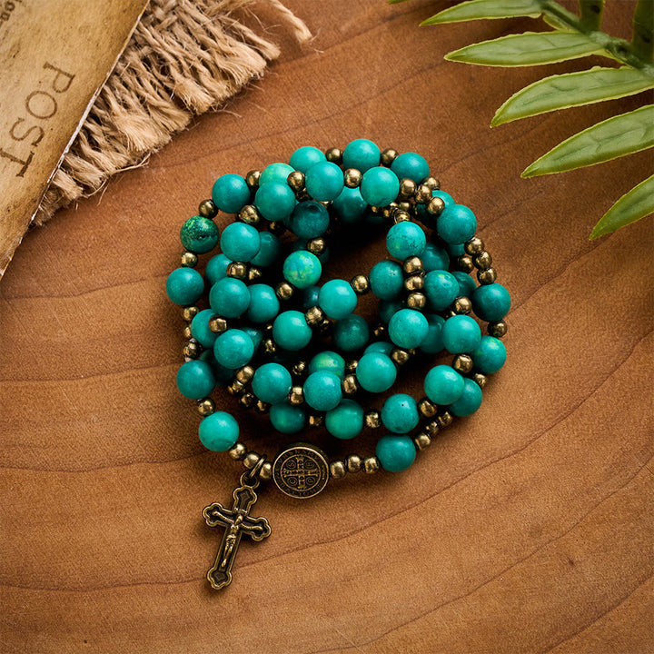 SolaceBeads Turquoise Wrap Bracelet with St. Benedict Medal &amp; Crucifix: Wearable Devotion