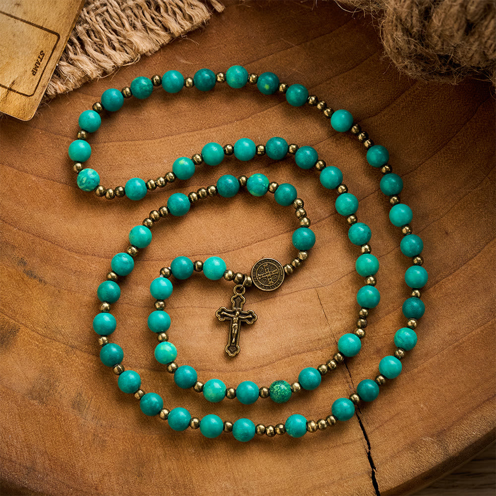 SolaceBeads Turquoise Wrap Bracelet with St. Benedict Medal &amp; Crucifix: Wearable Devotion