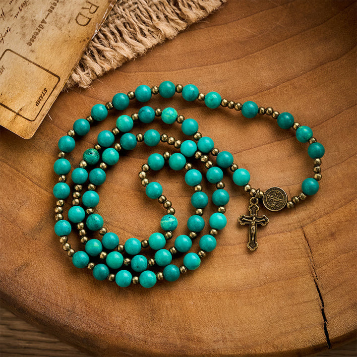 SolaceBeads Turquoise Wrap Bracelet with St. Benedict Medal &amp; Crucifix: Wearable Devotion