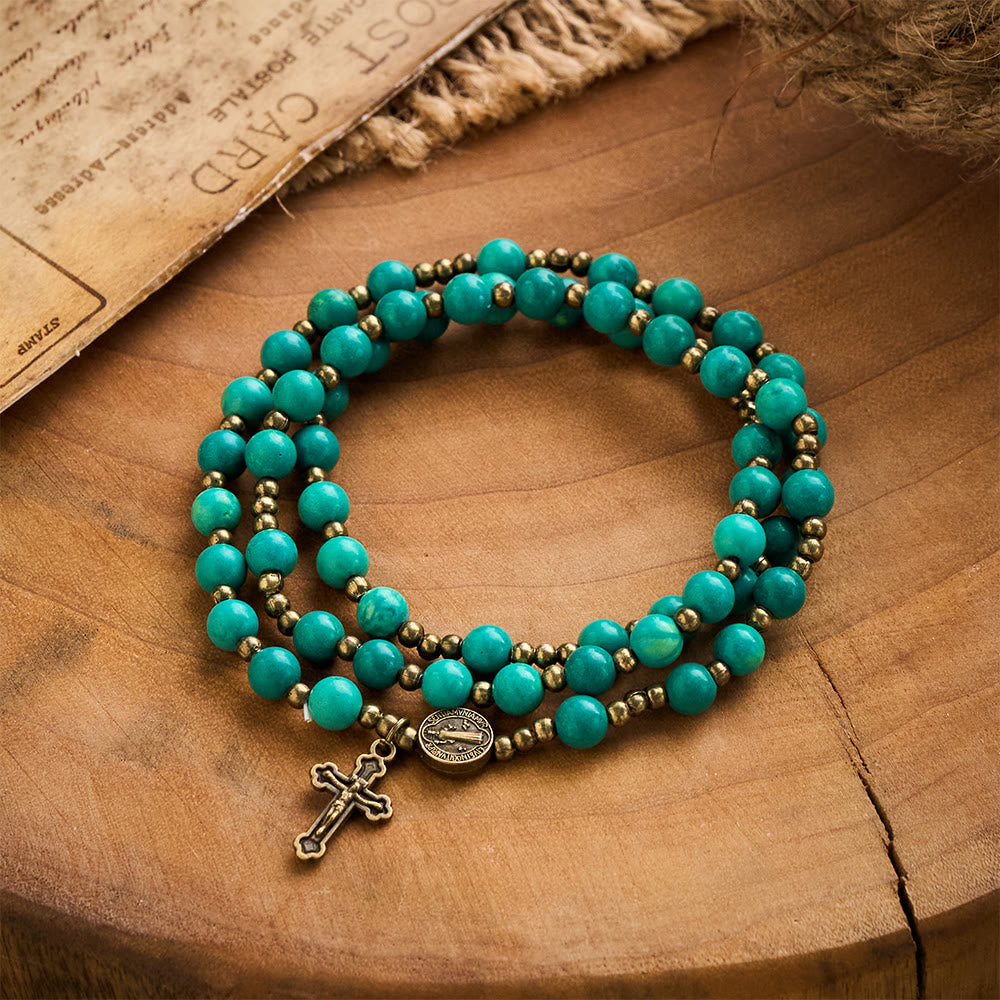 SolaceBeads Turquoise Wrap Bracelet with St. Benedict Medal & Crucifix: Wearable Devotion