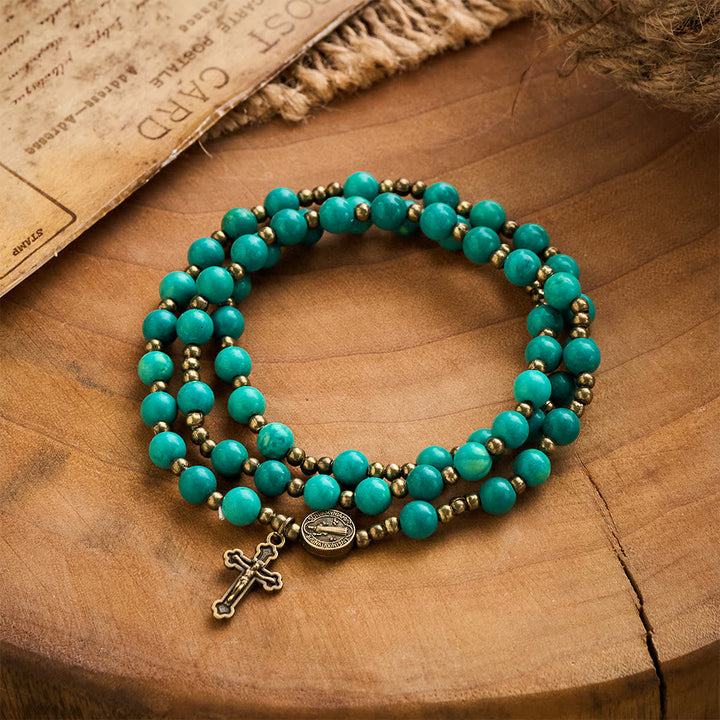 SolaceBeads Turquoise Wrap Bracelet with St. Benedict Medal &amp; Crucifix: Wearable Devotion