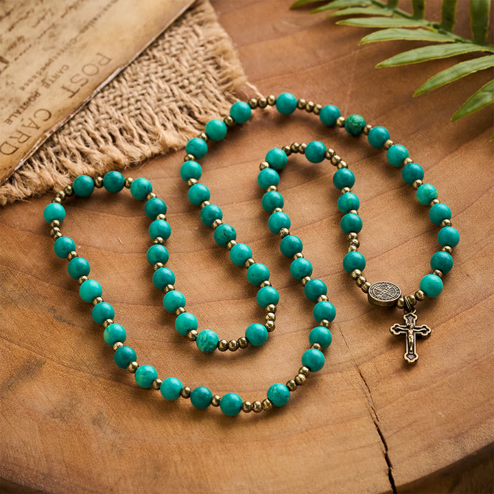 SolaceBeads Turquoise Wrap Bracelet with St. Benedict Medal &amp; Crucifix: Wearable Devotion
