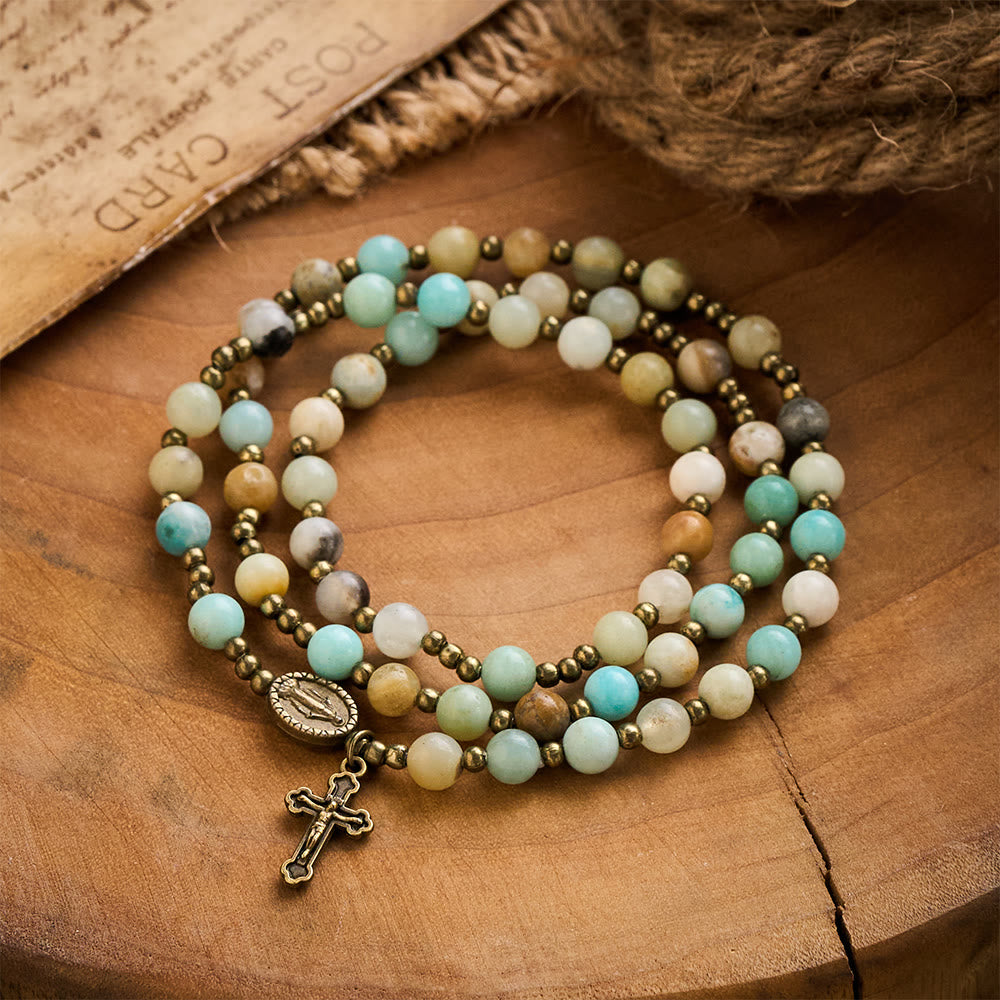 SolaceBeads Vintage Amazonite Rosary Bracelet with Bronze Accents: Portable Peace