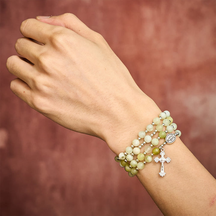 SolaceBeads Green Xiuyan Jade Rosary Bracelet Wrap with Miraculous Medal: Wearable Calm
