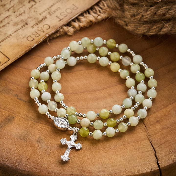 SolaceBeads Green Xiuyan Jade Rosary Bracelet Wrap with Miraculous Medal: Wearable Calm