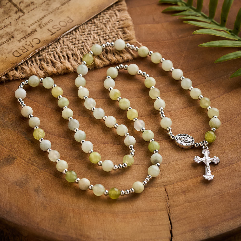 SolaceBeads Green Xiuyan Jade Rosary Bracelet Wrap with Miraculous Medal: Wearable Calm