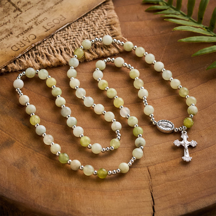 SolaceBeads Green Xiuyan Jade Rosary Bracelet Wrap with Miraculous Medal: Wearable Calm