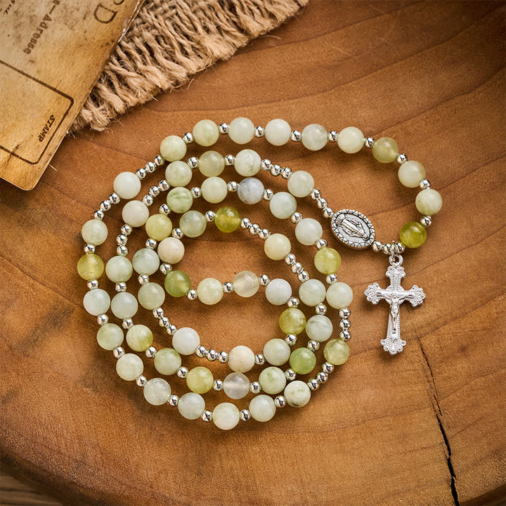 SolaceBeads Green Xiuyan Jade Rosary Bracelet Wrap with Miraculous Medal: Wearable Calm