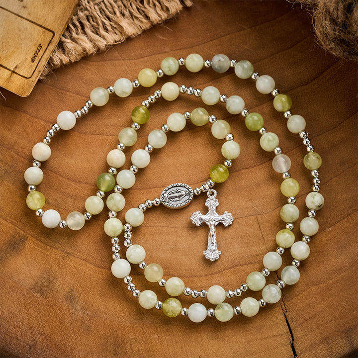 SolaceBeads Green Xiuyan Jade Rosary Bracelet Wrap with Miraculous Medal: Wearable Calm