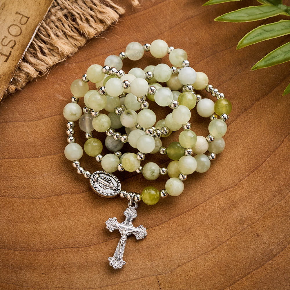 SolaceBeads Green Xiuyan Jade Rosary Bracelet Wrap with Miraculous Medal: Wearable Calm