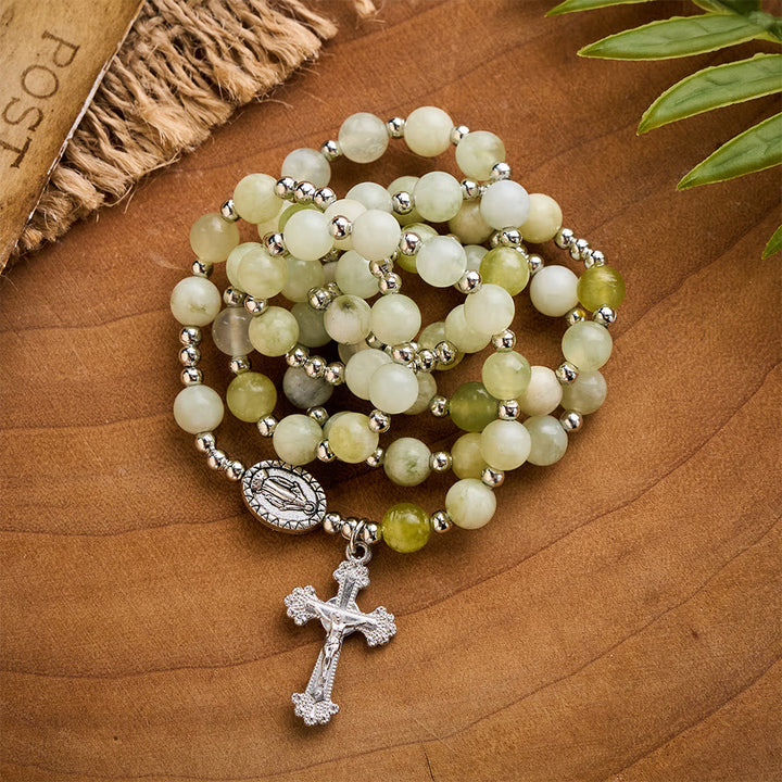 SolaceBeads Green Xiuyan Jade Rosary Bracelet Wrap with Miraculous Medal: Wearable Calm