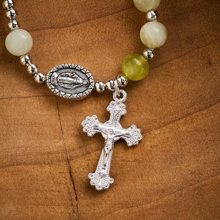 SolaceBeads Green Xiuyan Jade Rosary Bracelet Wrap with Miraculous Medal: Wearable Calm