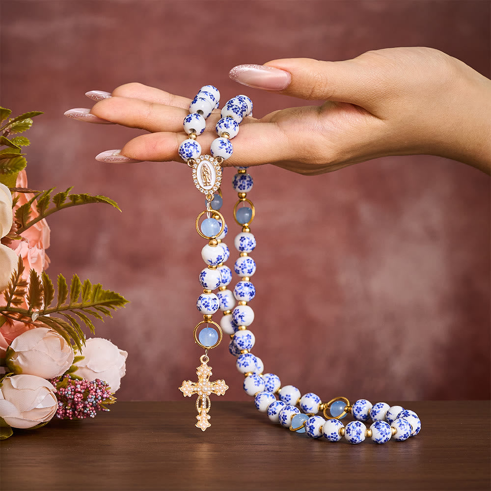 SolaceBeads Handcrafted Blue Floral Ceramic Rosary: A Tapestry of Grace in life