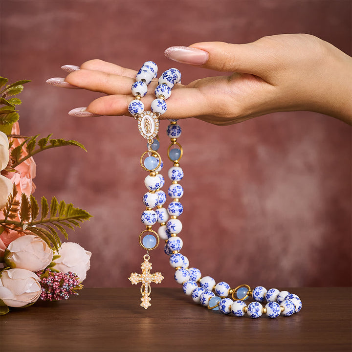 SolaceBeads Handcrafted Blue Floral Ceramic Rosary: A Tapestry of Grace in life