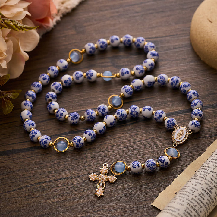 SolaceBeads Handcrafted Blue Floral Ceramic Rosary: A Tapestry of Grace in life