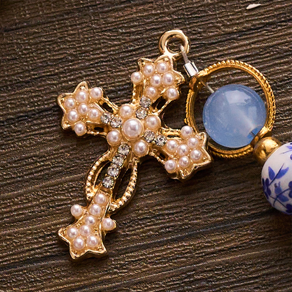 SolaceBeads Handcrafted Blue Floral Ceramic Rosary: A Tapestry of Grace in life