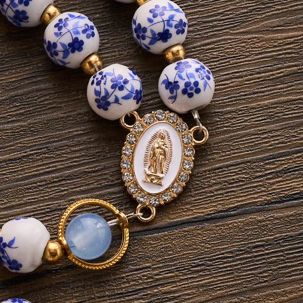 SolaceBeads Handcrafted Blue Floral Ceramic Rosary: A Tapestry of Grace in life