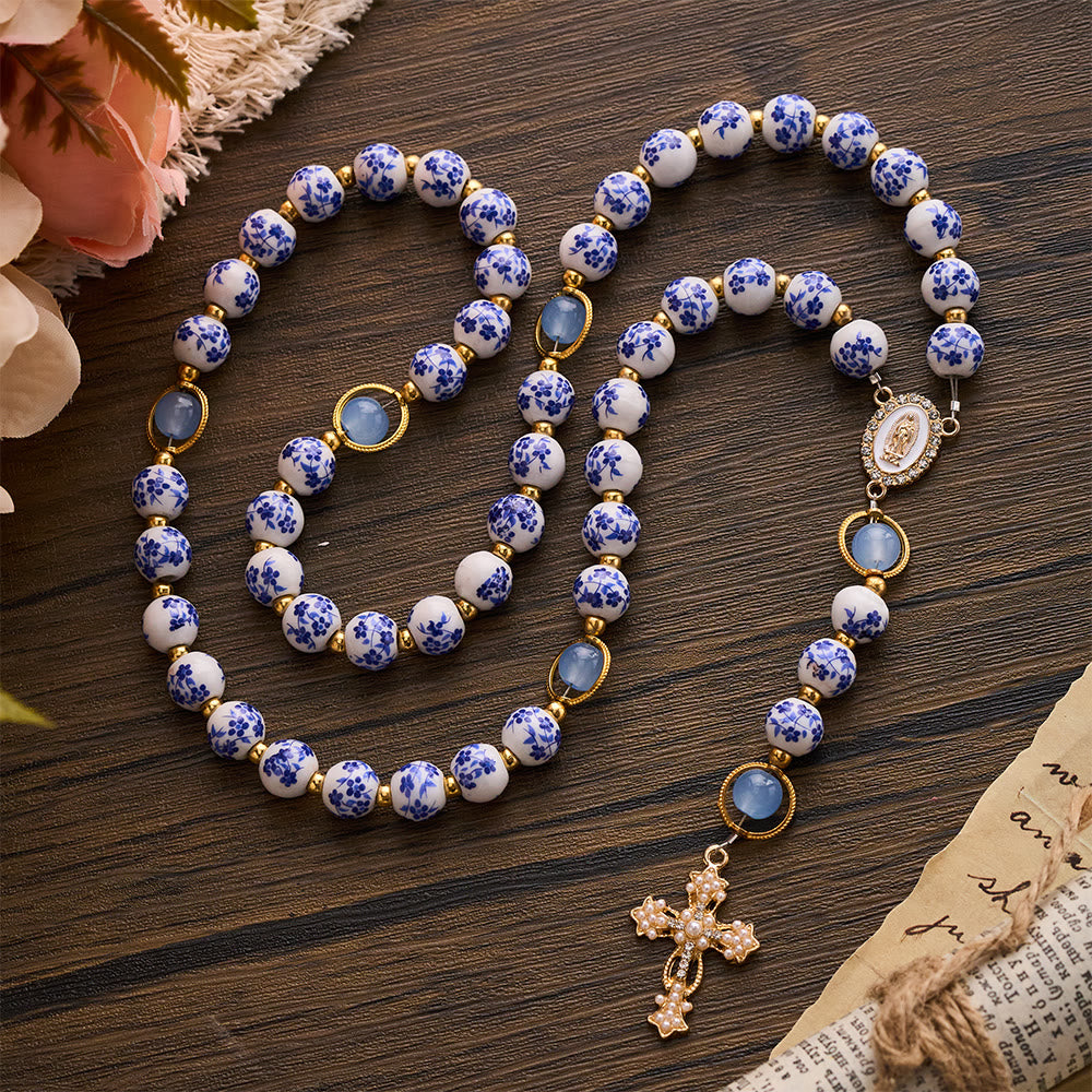 SolaceBeads Handcrafted Blue Floral Ceramic Rosary: A Tapestry of Grace in life
