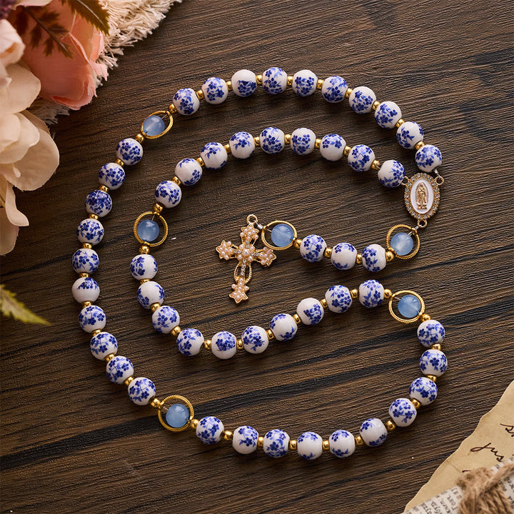 SolaceBeads Handcrafted Blue Floral Ceramic Rosary: A Tapestry of Grace in life