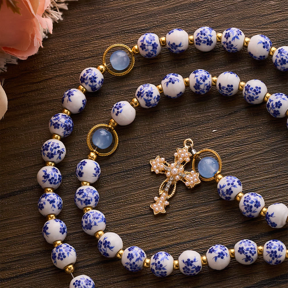 SolaceBeads Handcrafted Blue Floral Ceramic Rosary: A Tapestry of Grace in life