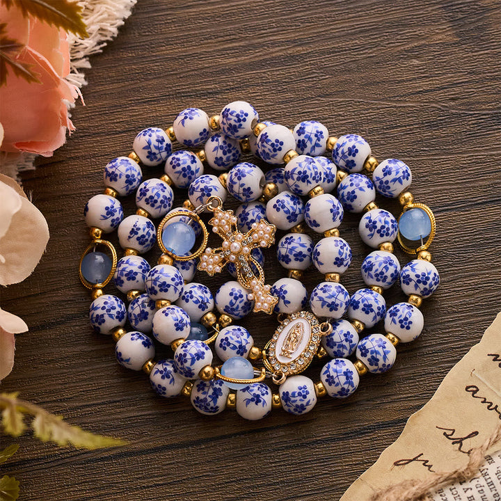 SolaceBeads Handcrafted Blue Floral Ceramic Rosary: A Tapestry of Grace in life