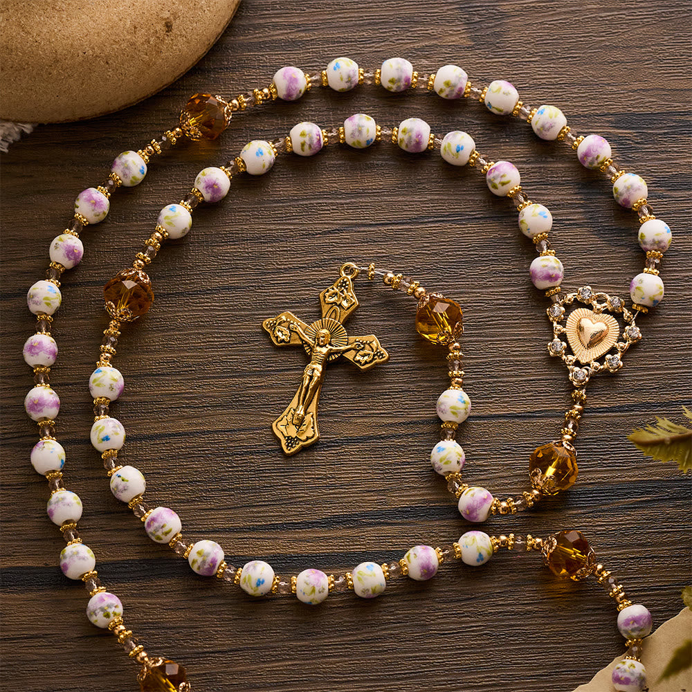 SolaceBeads Lavender Floral With Golden Sacred Heart &amp; Crucifix Rosary: Faith in Every Bead