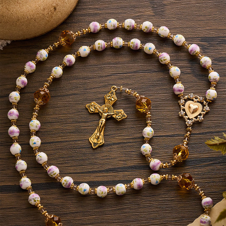 SolaceBeads Lavender Floral With Golden Sacred Heart &amp; Crucifix Rosary: Faith in Every Bead