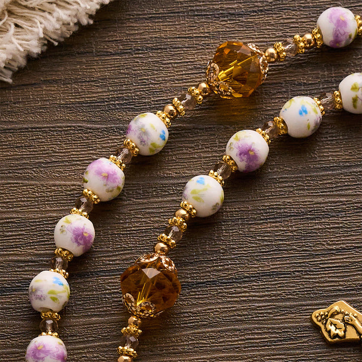 SolaceBeads Lavender Floral With Golden Sacred Heart &amp; Crucifix Rosary: Faith in Every Bead