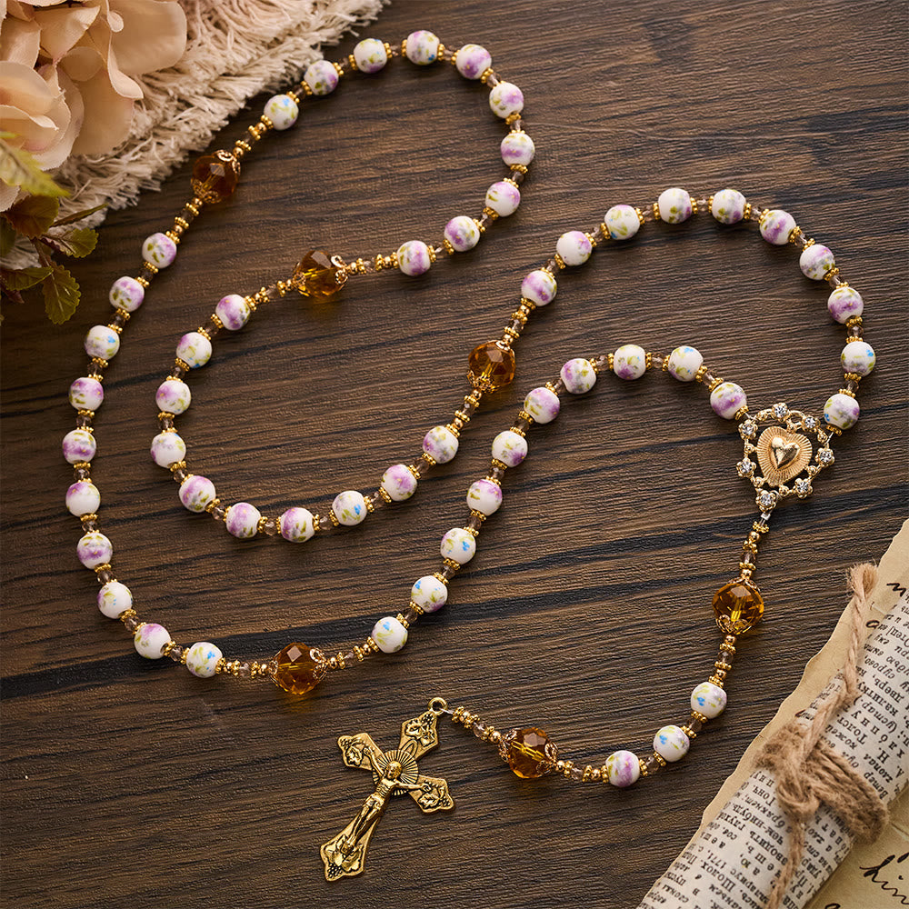 SolaceBeads Lavender Floral With Golden Sacred Heart &amp; Crucifix Rosary: Faith in Every Bead