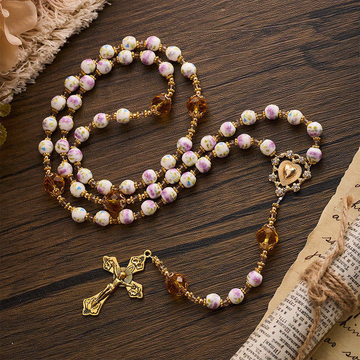 SolaceBeads Lavender Floral With Golden Sacred Heart &amp; Crucifix Rosary: Faith in Every Bead