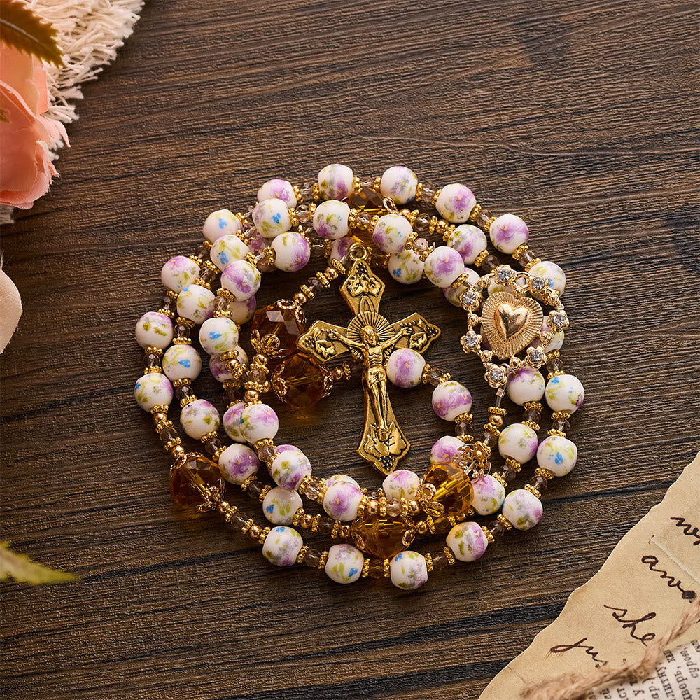SolaceBeads Lavender Floral With Golden Sacred Heart &amp; Crucifix Rosary: Faith in Every Bead