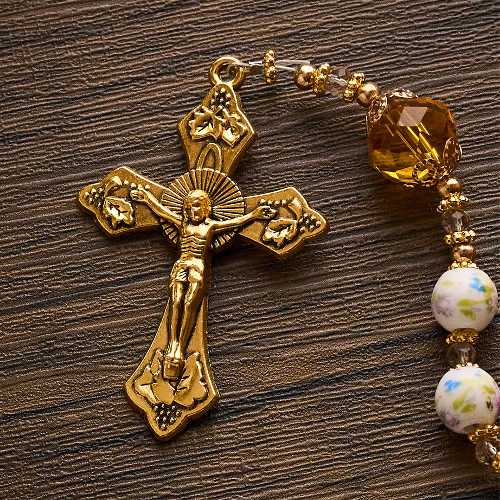 SolaceBeads Lavender Floral With Golden Sacred Heart &amp; Crucifix Rosary: Faith in Every Bead