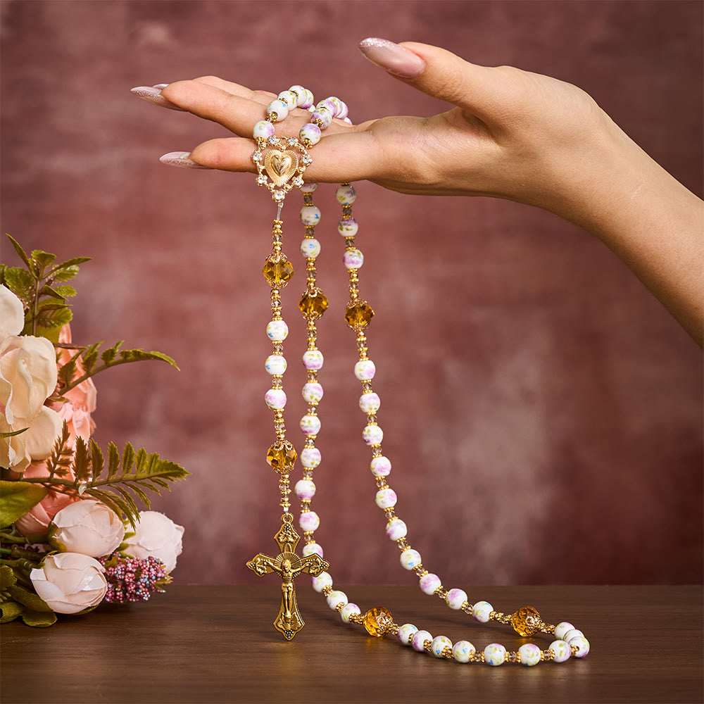 SolaceBeads Lavender Floral With Golden Sacred Heart & Crucifix Rosary: Faith in Every Bead