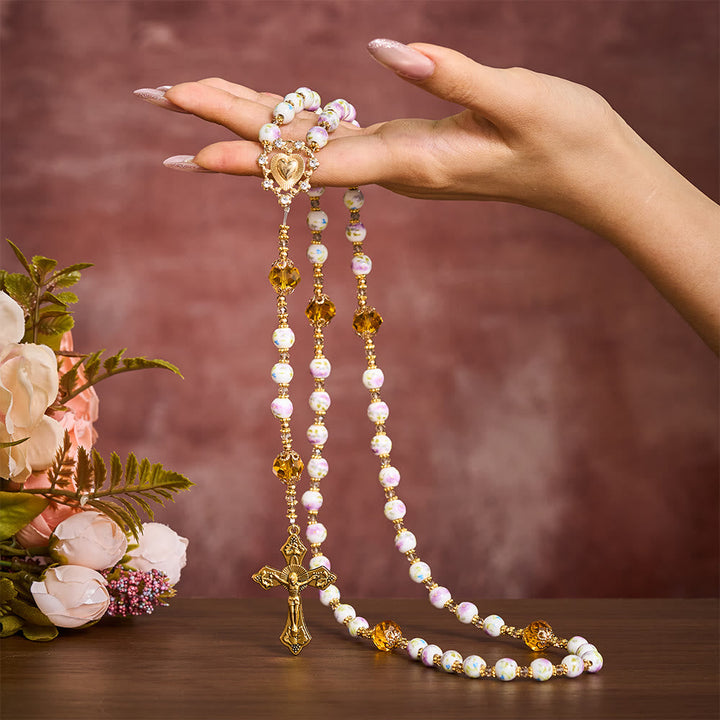 SolaceBeads Lavender Floral With Golden Sacred Heart &amp; Crucifix Rosary: Faith in Every Bead