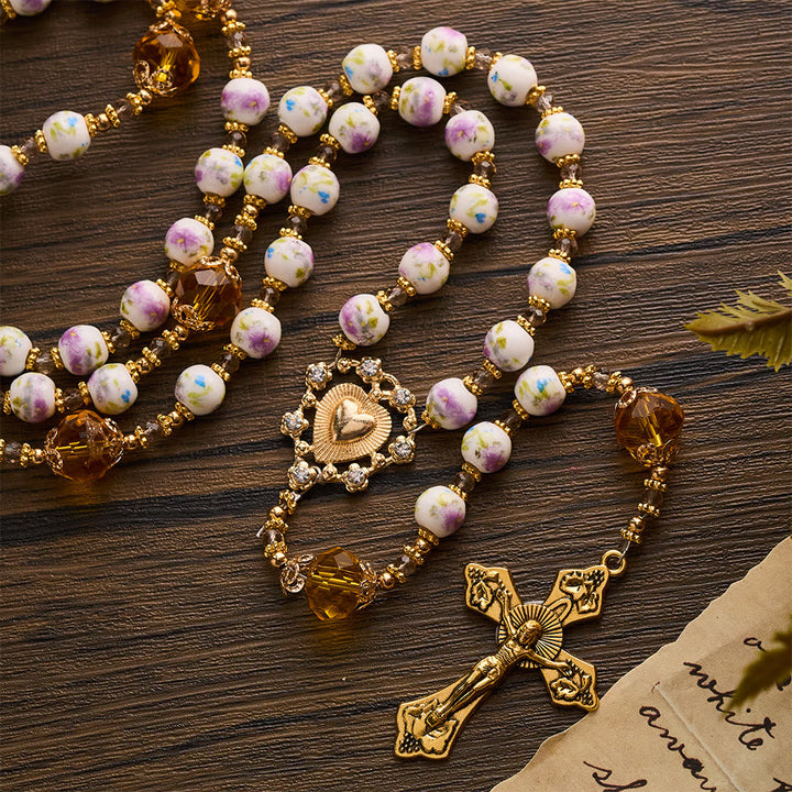 SolaceBeads Lavender Floral With Golden Sacred Heart &amp; Crucifix Rosary: Faith in Every Bead