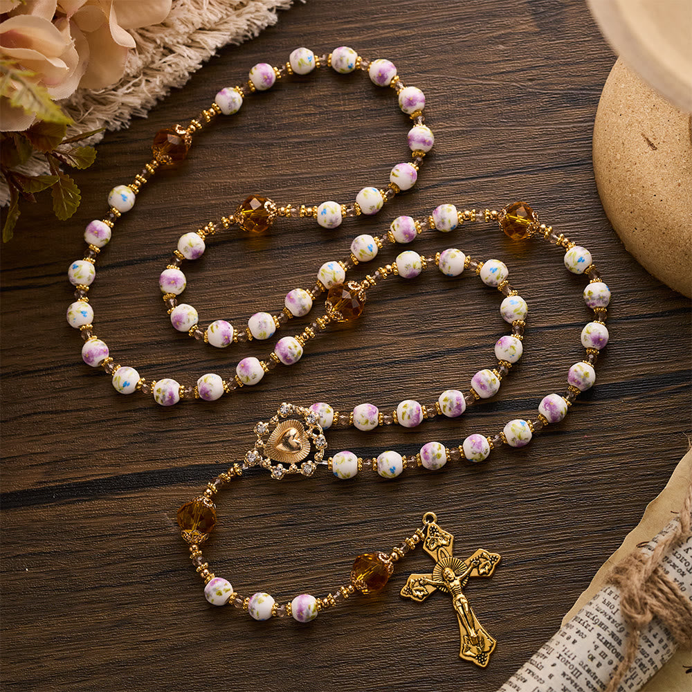 SolaceBeads Lavender Floral With Golden Sacred Heart &amp; Crucifix Rosary: Faith in Every Bead