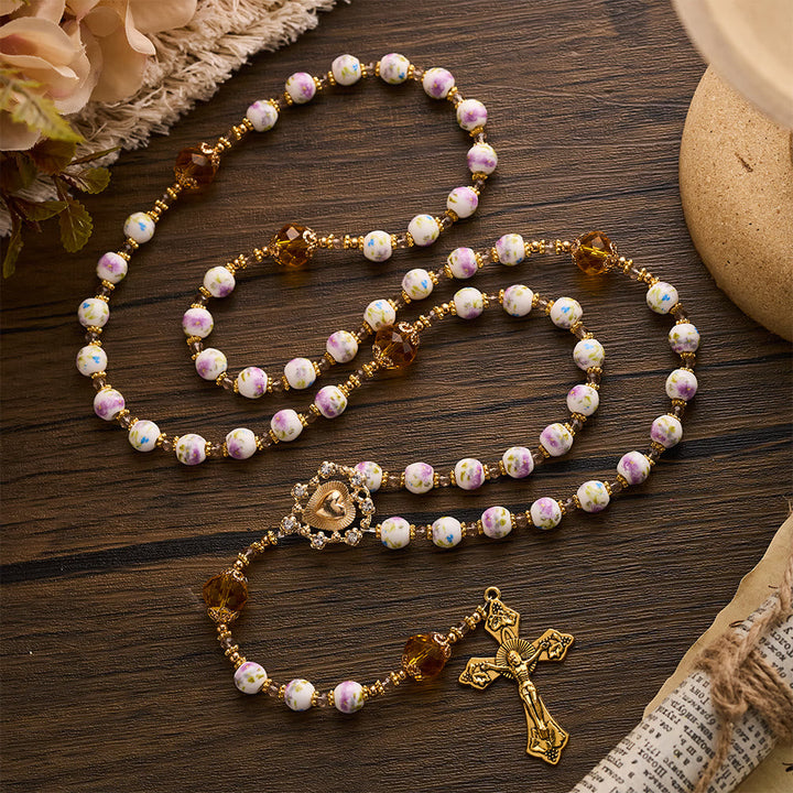 SolaceBeads Lavender Floral With Golden Sacred Heart &amp; Crucifix Rosary: Faith in Every Bead