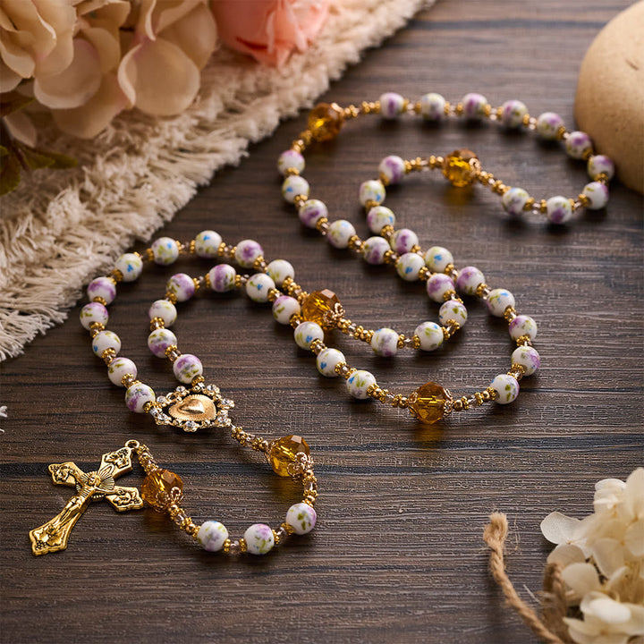 SolaceBeads Lavender Floral With Golden Sacred Heart &amp; Crucifix Rosary: Faith in Every Bead