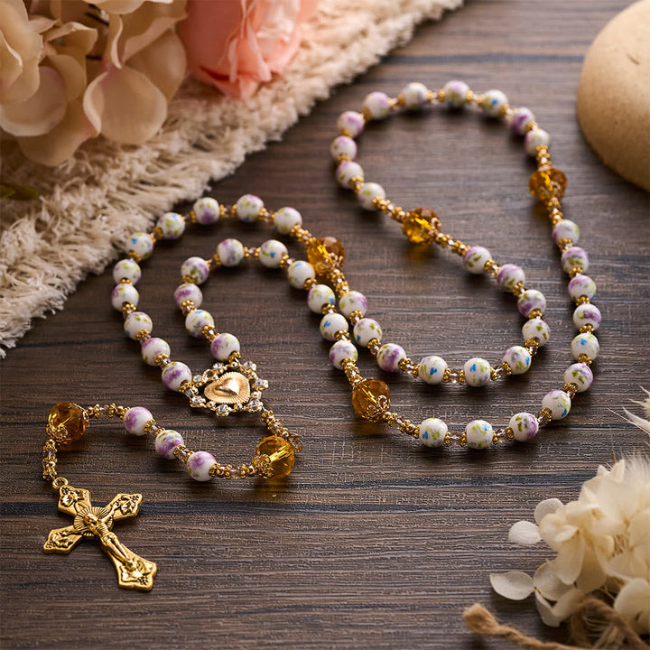 SolaceBeads Lavender Floral With Golden Sacred Heart &amp; Crucifix Rosary: Faith in Every Bead