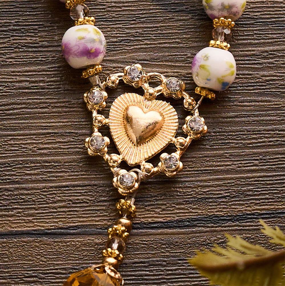 SolaceBeads Lavender Floral With Golden Sacred Heart &amp; Crucifix Rosary: Faith in Every Bead