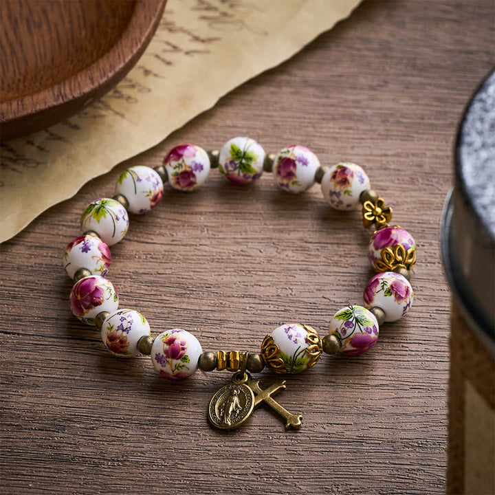 SolaceBeads Floral Ceramic Rosary Bracelet: A Bloom of Grace in Every Bead
