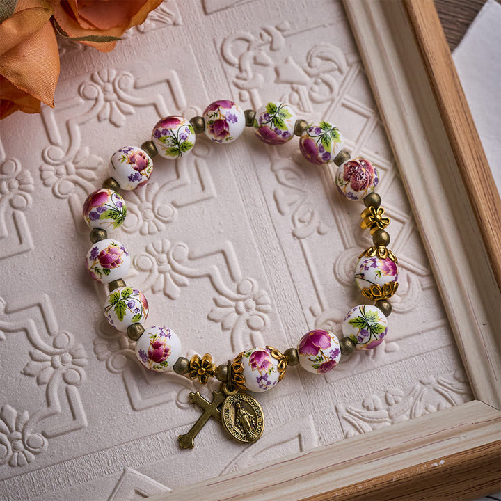 SolaceBeads Floral Ceramic Rosary Bracelet: A Bloom of Grace in Every Bead