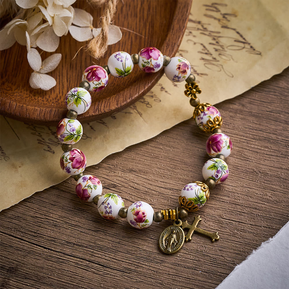 SolaceBeads Floral Ceramic Rosary Bracelet: A Bloom of Grace in Every Bead