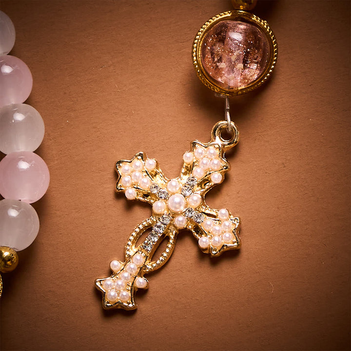 SolaceBeads Artistic Pink &amp; White Beaded Rosary: A Fusion of Colors &amp; Sacred Symbols