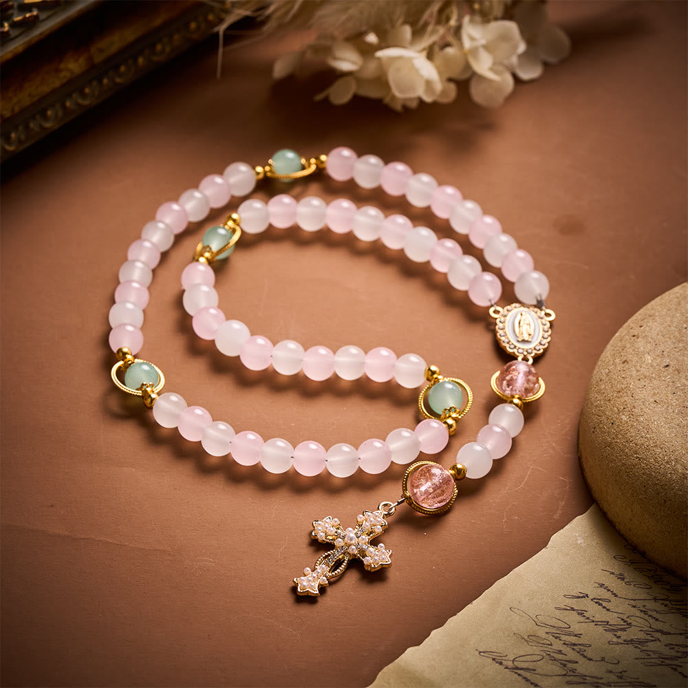 SolaceBeads Artistic Pink &amp; White Beaded Rosary: A Fusion of Colors &amp; Sacred Symbols