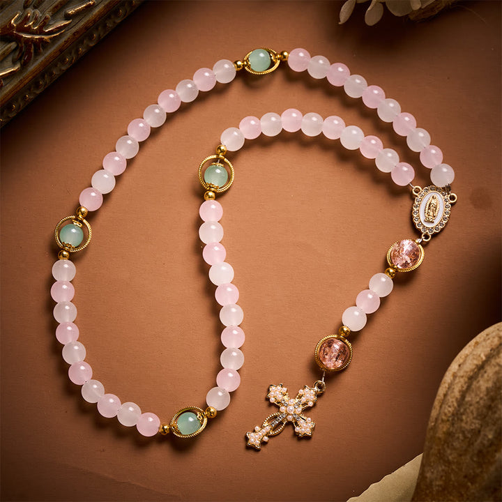 SolaceBeads Artistic Pink &amp; White Beaded Rosary: A Fusion of Colors &amp; Sacred Symbols